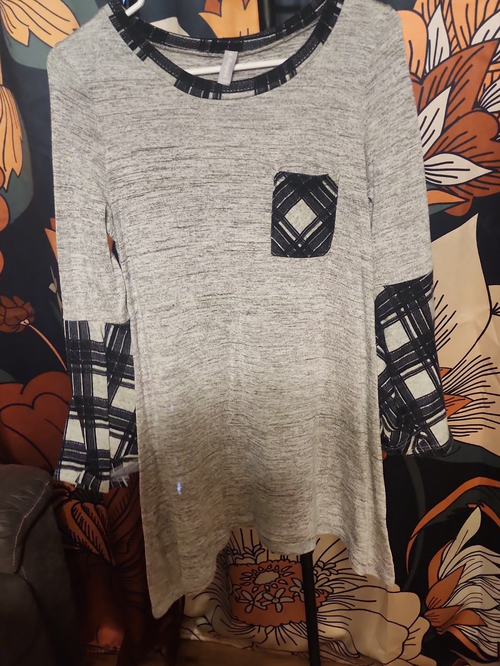 Gray Tunic Top with Black Plaid Trim